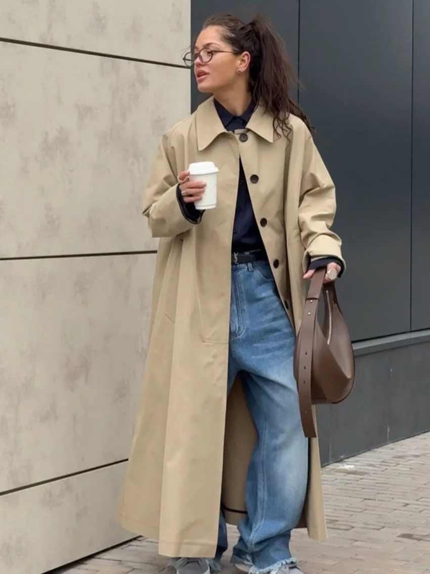 

Parc Fee Fashion Loose Khaki Cotton Women's Windbreaker Winter Lapel Long Sleeve Trench Coat Elegant Classic Solid Coats Female