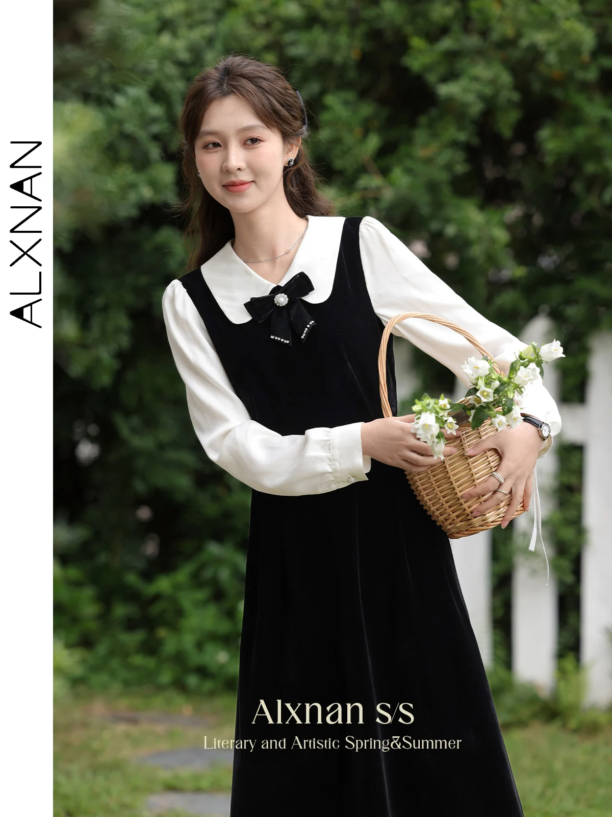 ALXNAN Women's Vintage Frenchy 2 in 1 Dress Contrast Color Chic Lapel Collar Bow Button 2024 Fall Patchwork Female Dress L335200