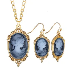 Victoria Pendant Lady Queen Cameo Necklace Earring Set For Women Gold Color Red White Bead Fashion Jewelry
