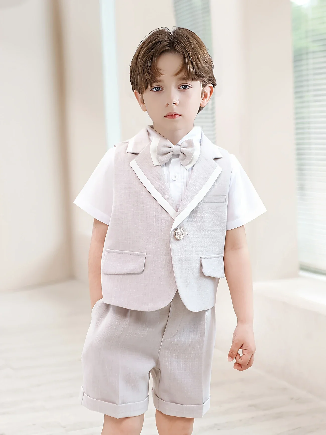 Flower boys Summer Vest Shorts Bowtie 3Pieces Wedding Suit Kids Formal Suit for Birthday Piano Host Speech Performance