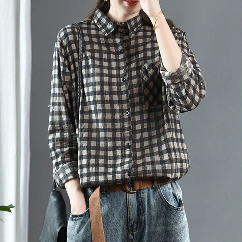 2025 Spring Cotton Linen Retro Plaid Shirt Patch Pocket Long Sleeve Lapel Breasted Casual Cardigan Top for Women