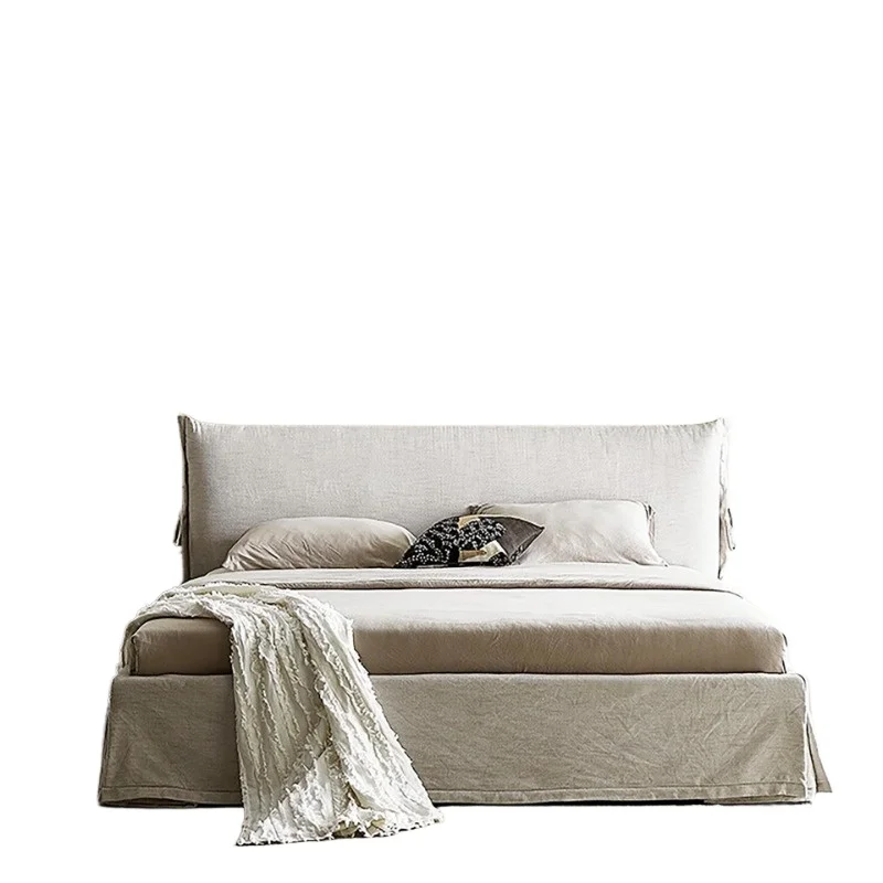 

Nordic simple linen double bed 1.8 meters master bedroom soft bag bed wabi sabi minimalist removable