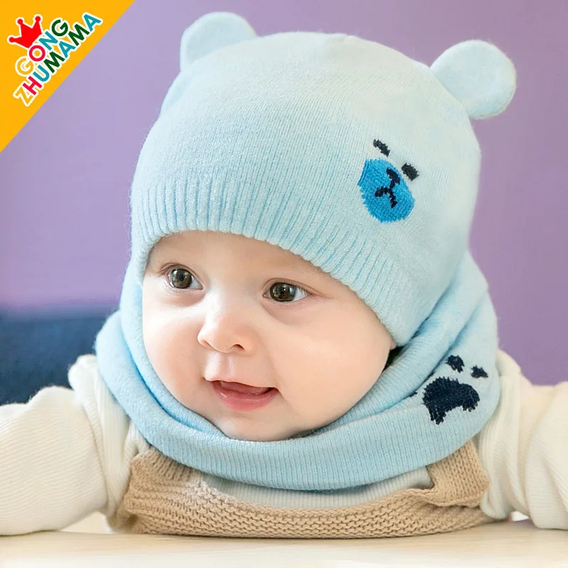 2Pcs/Set Winter Warm Knit Baby Hat Scarf Set Cartoon Bear Tiger Children Boys Girls Hat Bonnet Infant Toddler Kids Caps Beanie