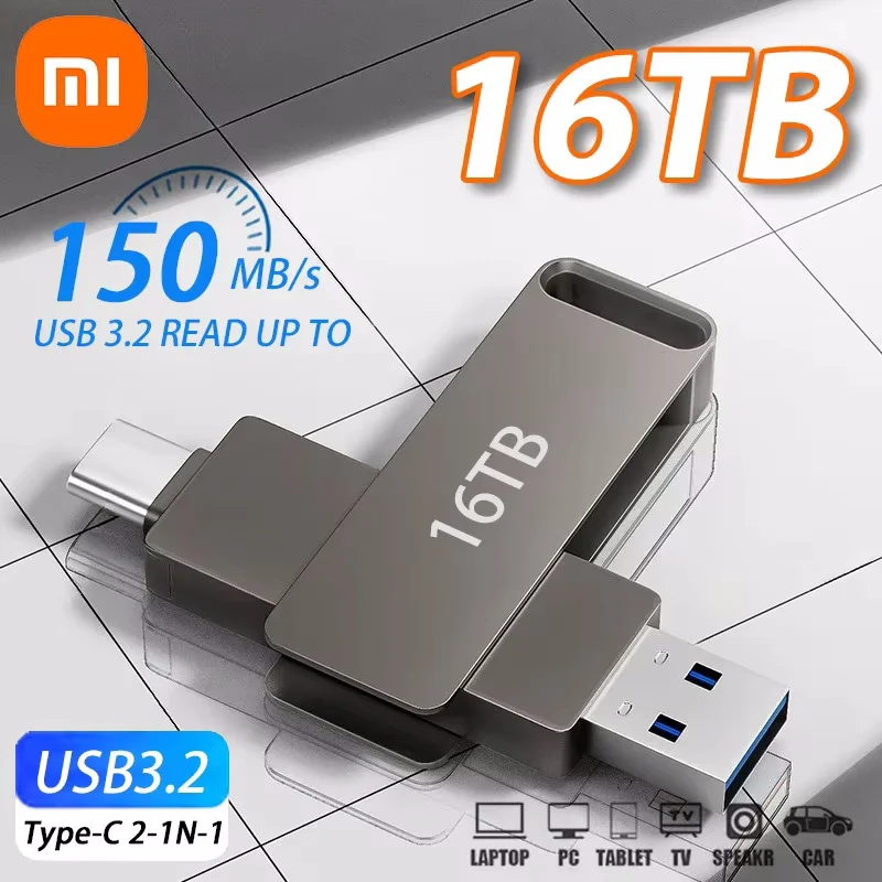 Unidad Flash Xiaomi de 16TB USB 3,2, transferencia de súper alta velocidad, Mini unidad de disco U de Metal, memoria tipo C, disco resistente al agua, unidad SSD U