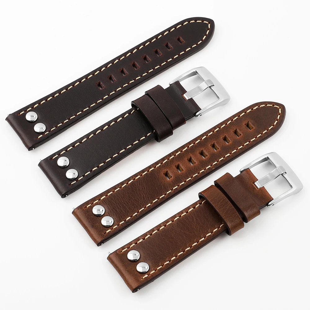 20mm 22mm Vintage Leather Rivets Watch Band Strap Coffee Brown Watchband Stainless Steel Buckle Wrist Belt Bracelet for Men