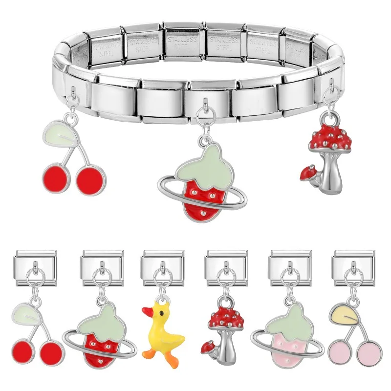 WG 1pc Italian Modular Bracelet Charms Cherry Chick Mushroom Planet Pendant For DIY Modular Stainless Steel Bracelet Accessories