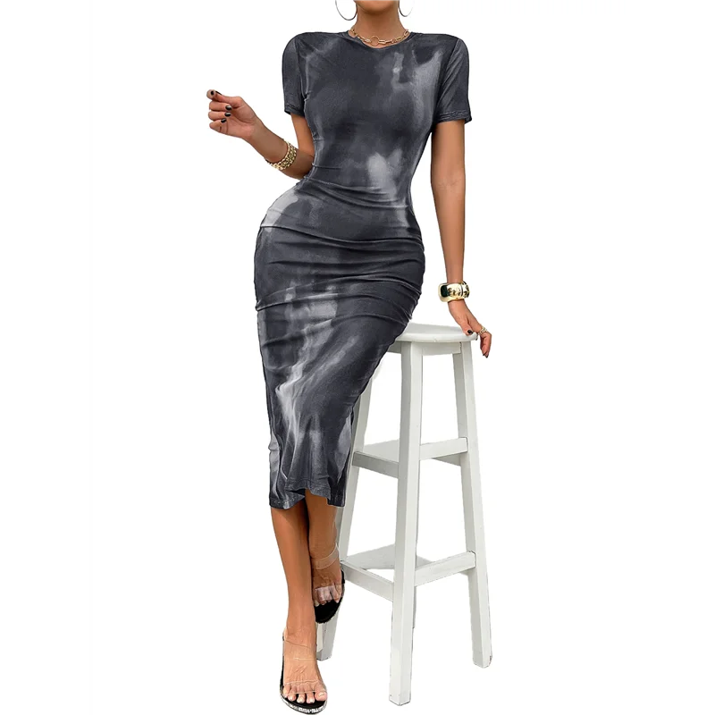 NEU – Damen-Kleid mit Batikmuster, Rundhalsausschnitt, figurbetont, kurzen Ärmeln und langen Kleidern