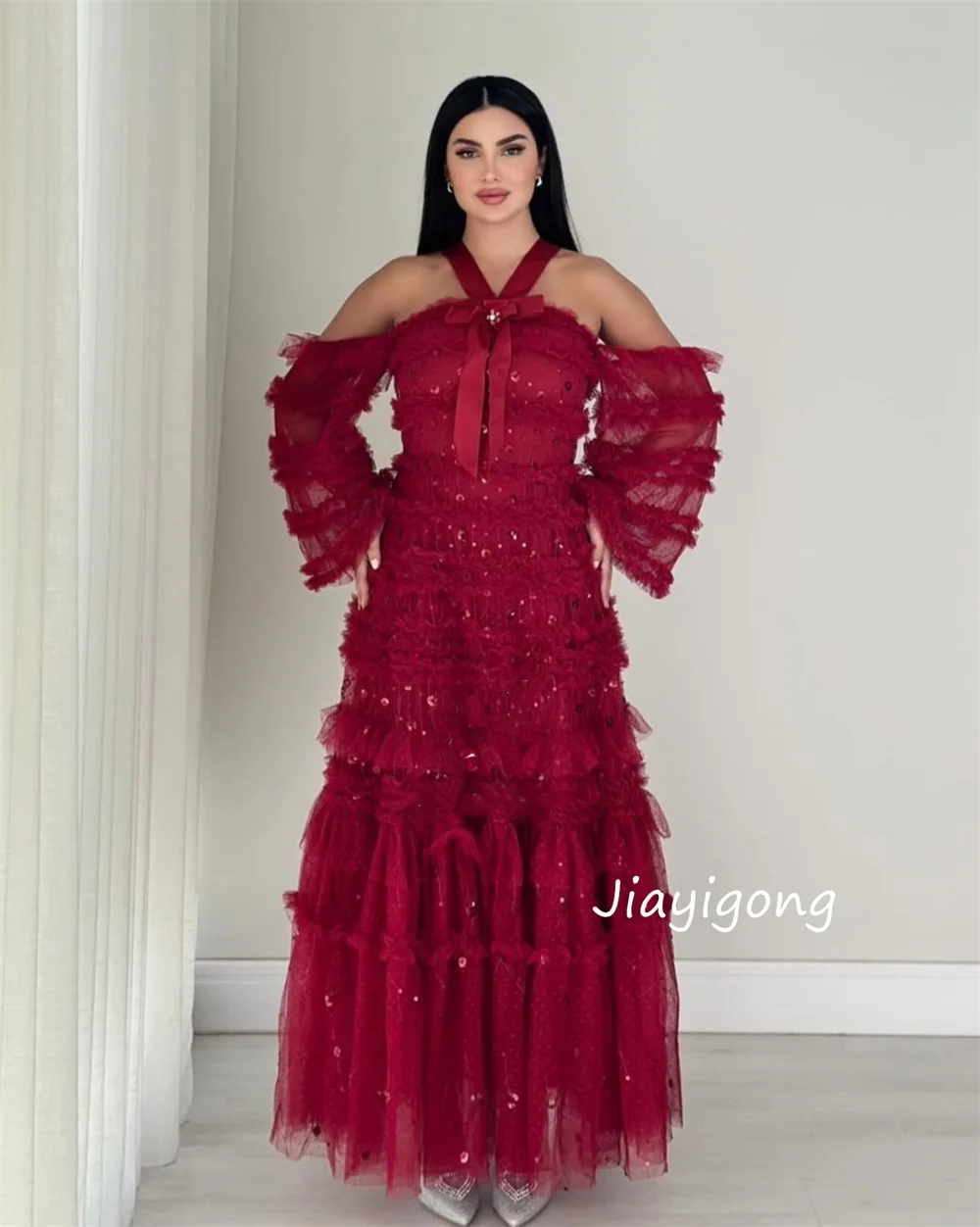 Robes de bal longues en Tulle plissé et pailleté, personnalisées, de haute qualité, ligne a, col licou, tailles à la mode disponibles, Style moderne