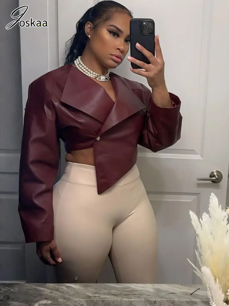 

Joskaa 2025 Fall Women's PU Leather Jackets Fashion Solid Lapel Full Sleeve Slim Irregular Crop Coats Outerwear Y2K Streetwear