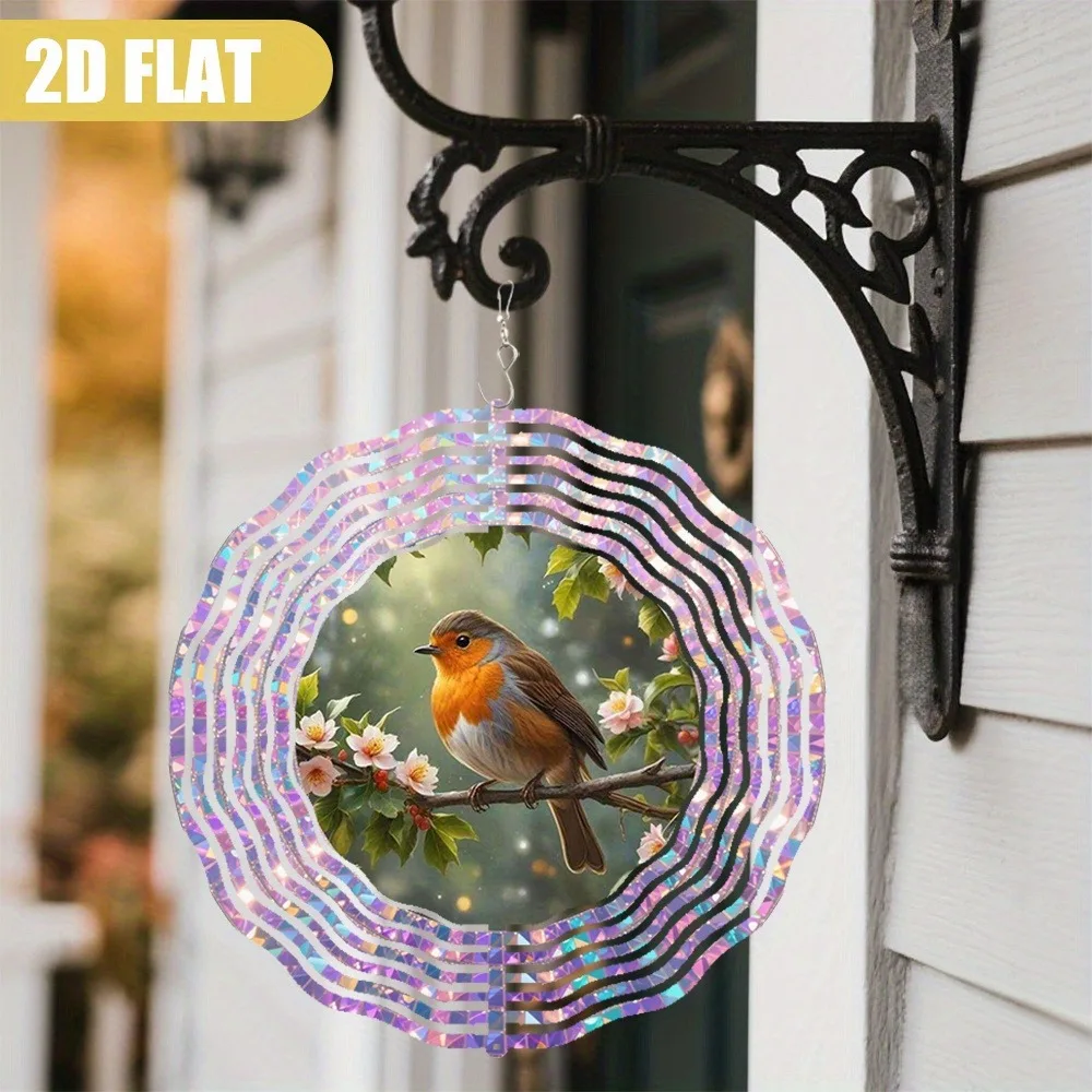 

Robin Flat Wind Chime 360 Rotating Hanger Double Sided Bird on Flowering Branch Painted Wooden Garden Decor Unique Valentine Gif