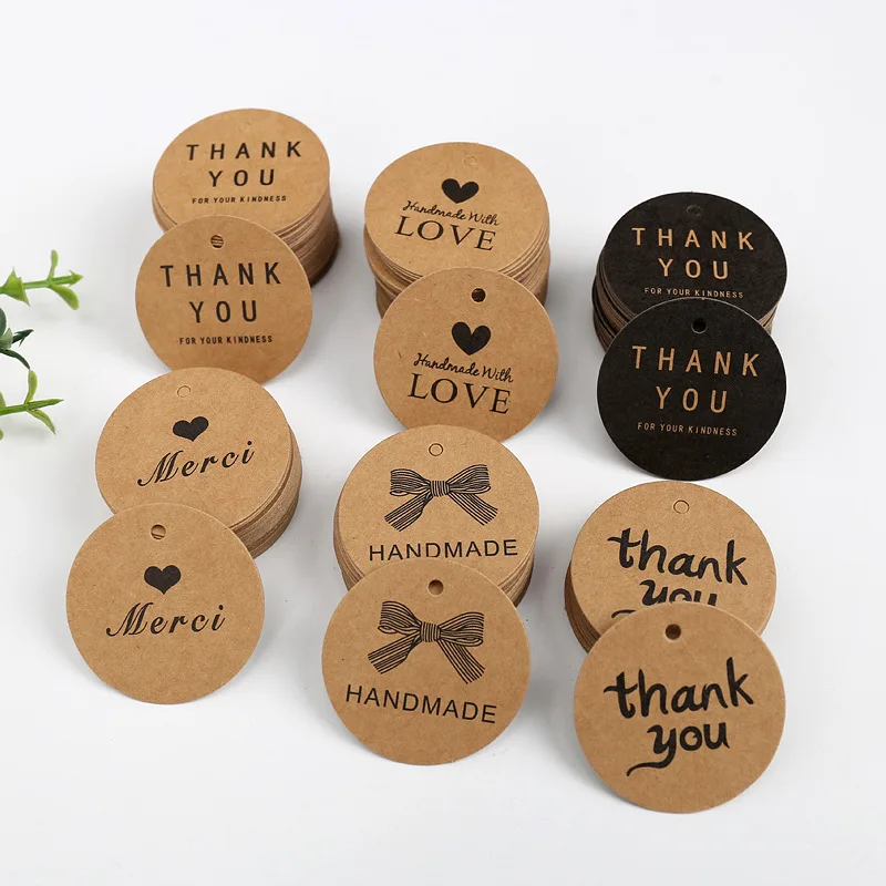 100pcs 4cm Round Kraft Paper Tags Thank You Merci Love Print Tag Labels Handmade Product Garment Shoes Hang Tag DIY Accessories