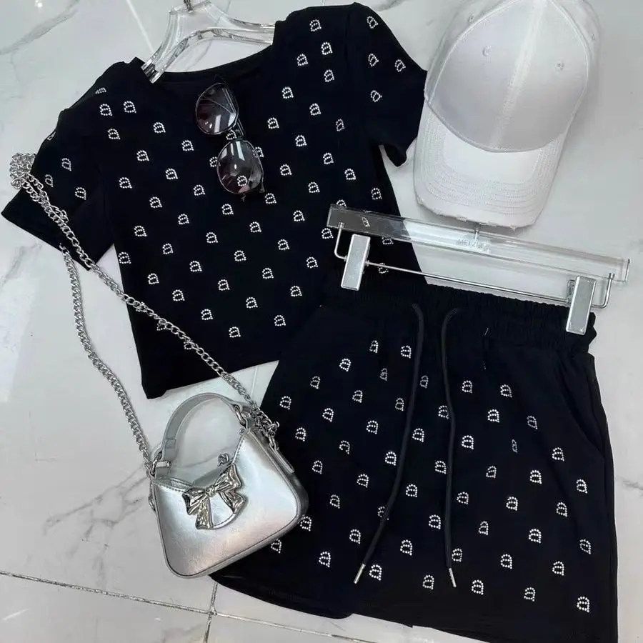 Single/set Summer Fashion Thin Printed Letter Short Sleeved Top With Belly Covering Lining, Safety Pants Short Skirt Two-piece