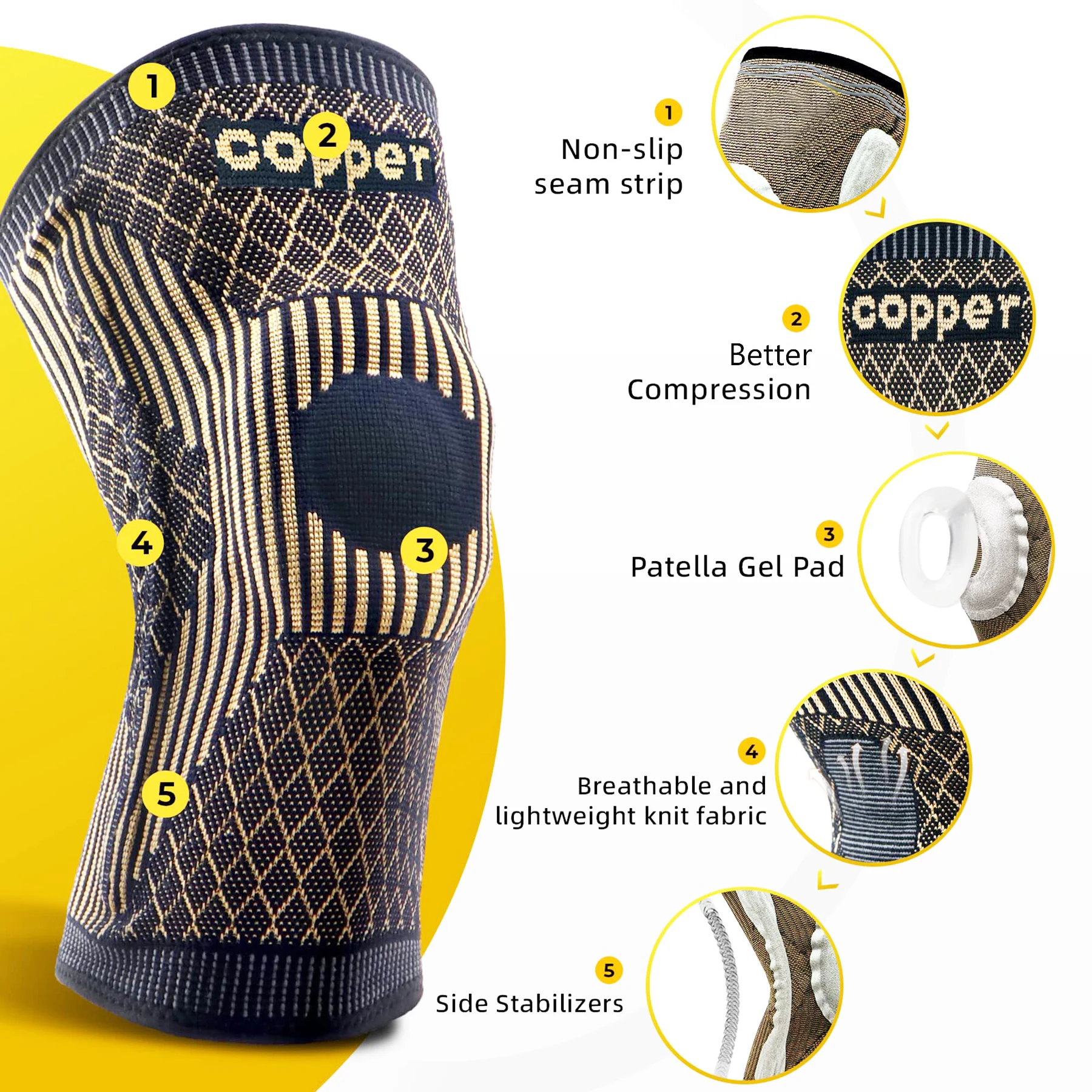 Copper ion with patellar pad knee protection sleeve, cushioning shock absorption, running, cycling, yoga, hiking, walking