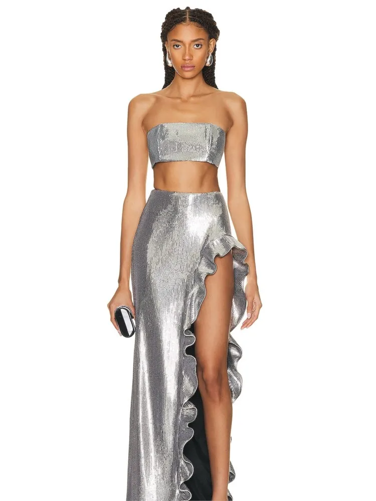 Light Luxury Tube Top Silver Split Skirt Catwalk Evening Dress Christmas Wear