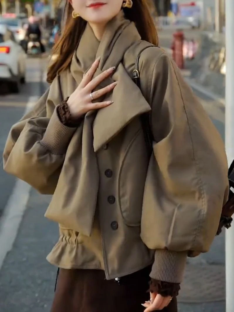 

Женское зимнее пальто Thiened с воротником-шарфом на одной пуговице, повседневная свободная верхняя одежда с хлебом, Jaet