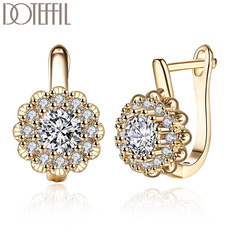 

DOTEFFIL Champagne Gold 925 Sterling Silver Flower AAA Zircon Earring Ear Clip Woman Wedding Engagement Jewelry