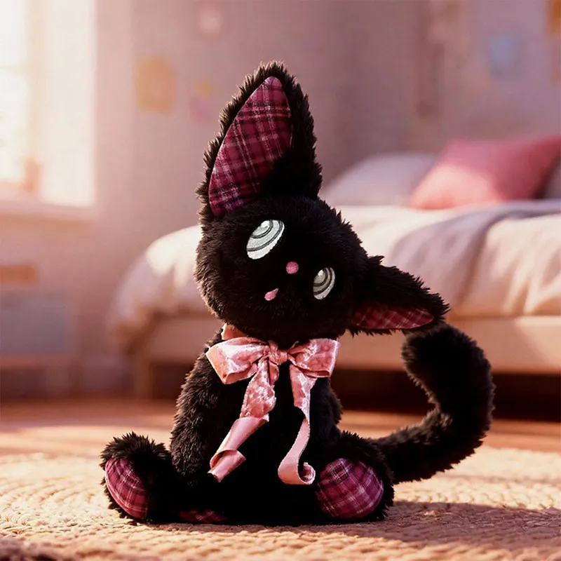

HERBERRY Cute Black Cat Plush Toy Big Eyes Pink Plaid Ears Velvet Bow Soft Sleep Pillow Birthday Gift For Kids Adults