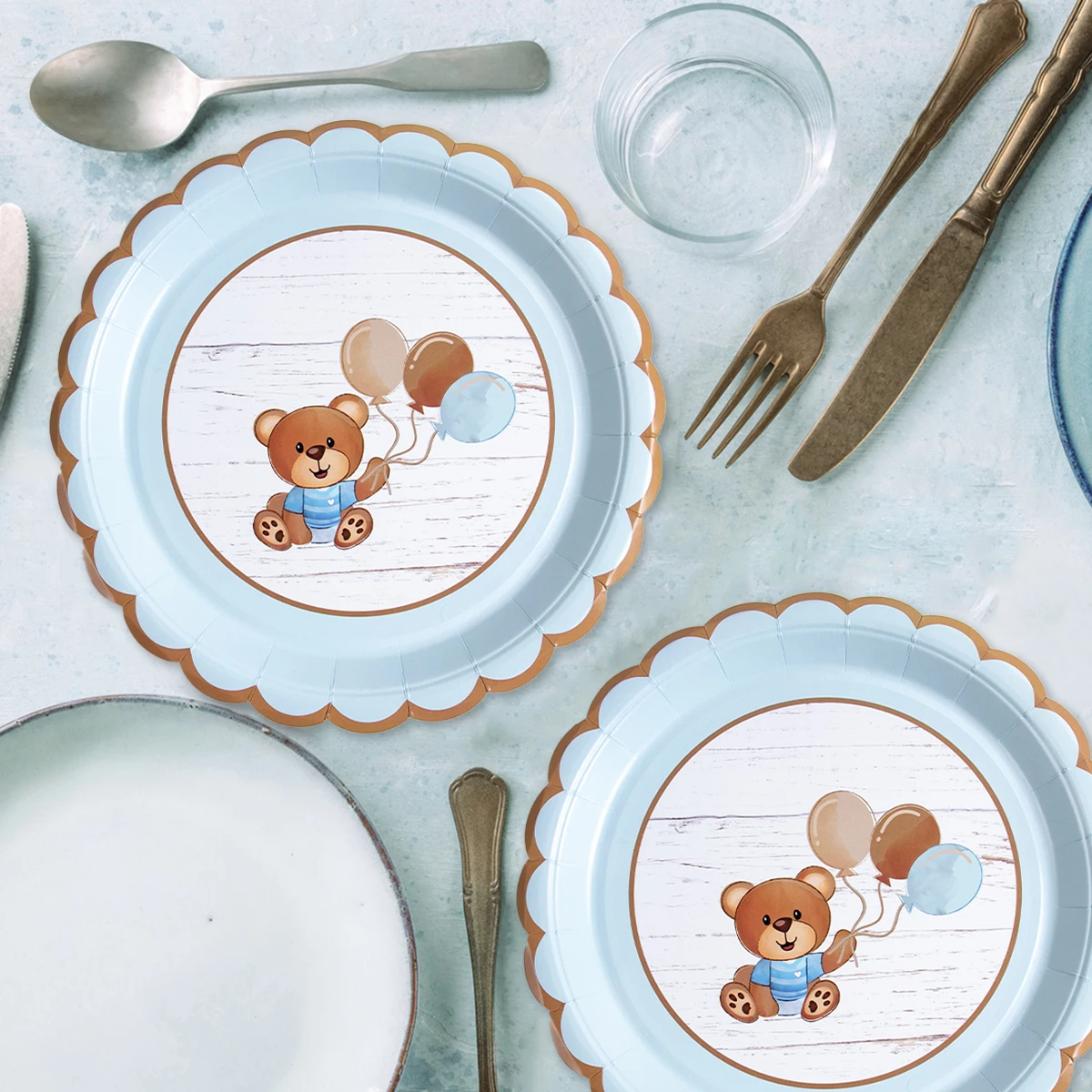 Cute Bear Disposable Tableware Sets Brown Blue Paper Plate Cup Napkin Baby Shower Kids Birthday Party Decoration Supplies