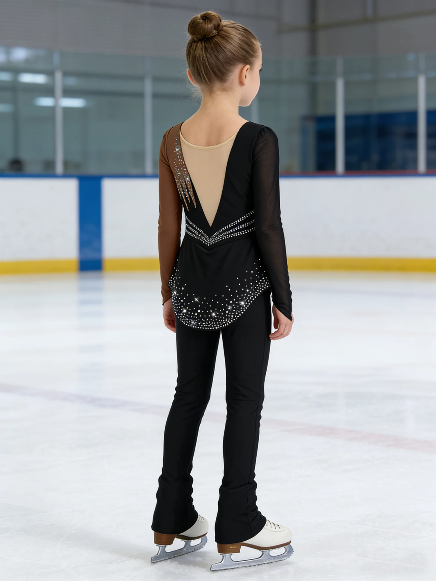 

Детский комбинезон для девочек для фигурного катания, с длинными рукавами из прозрачной сетки, со стразами, для художественной гимнастики, балета, танцев, трико