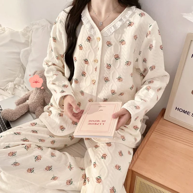 

cotton autumn winter Women's pajamas Korean style sweet tulip Comfortable Sleepwear keep warm Cotton Pajama Set homewear suit