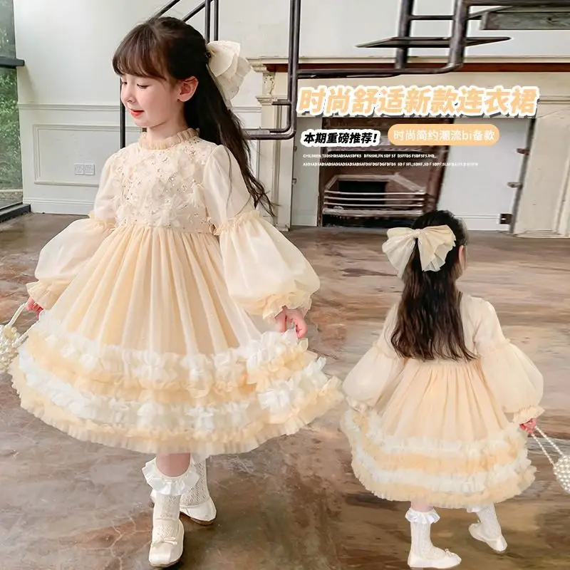 

Autumn Spring Spanish Lolita Ball Gown Princess Floral Cake Layed Skirt Retro Girl Party Puffy Dress Childrens Elegant Clothing