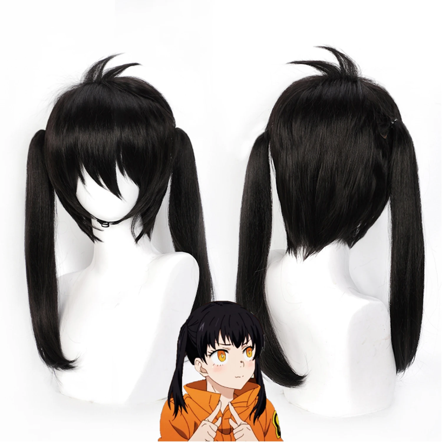 Cosplay Wig Fire Force Anime Wig Tamaki Kotatsu Black Anime Game Role-Play Wig Synthetic Pigtails Wig with Wigcap for Anime Game