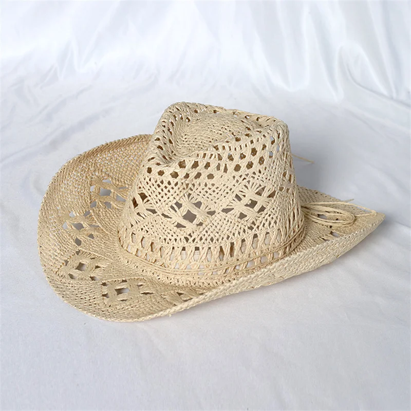 Solid color hand-woven cowboy hat hollow design man and women can wear outdoor beach vacation sun hat INS Hot Style cowboy hat