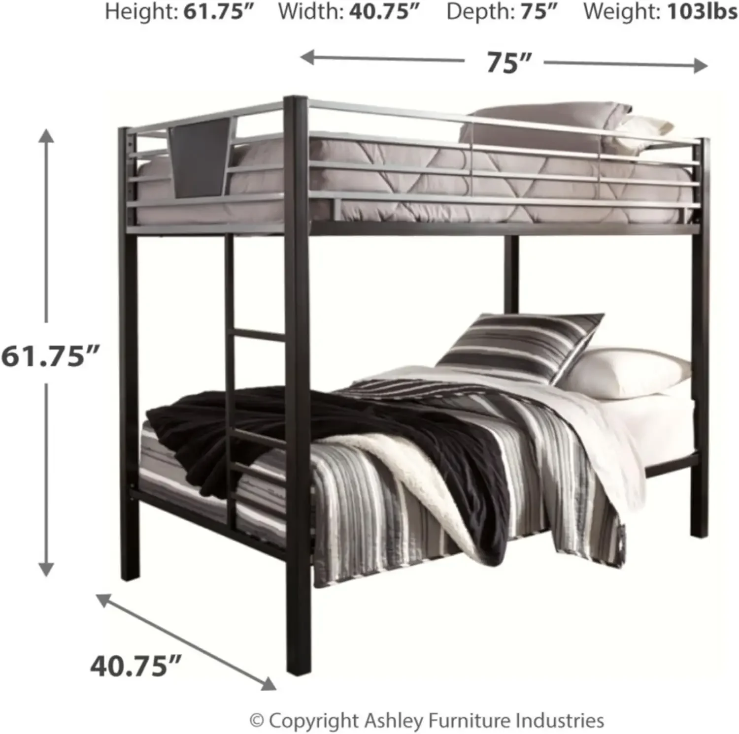 Design by Ashley Dinsmore Industrial Twin Over Twin Metal Cama de beliche infantil com escada, preto e cinza
