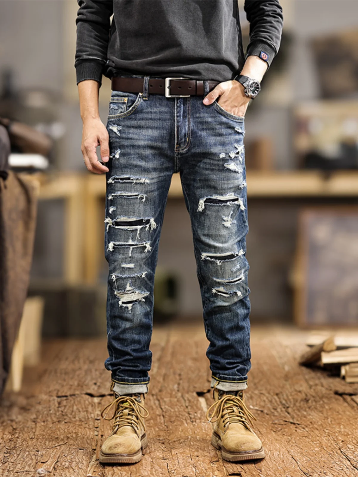 

Trendy Men's Jeans Cotton Stretch Denim Pants Slim Straight Tube Long Pants Spring Autumn Sle Worn Hole Patch Work
