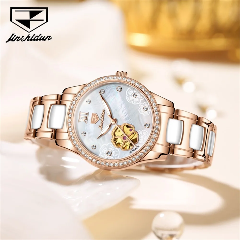 JSDUN 8864 Original Mechanical Movement Women Watch Pearl Dial Floral Ceramic Steel Bracelet Luminous Waterproof Watch