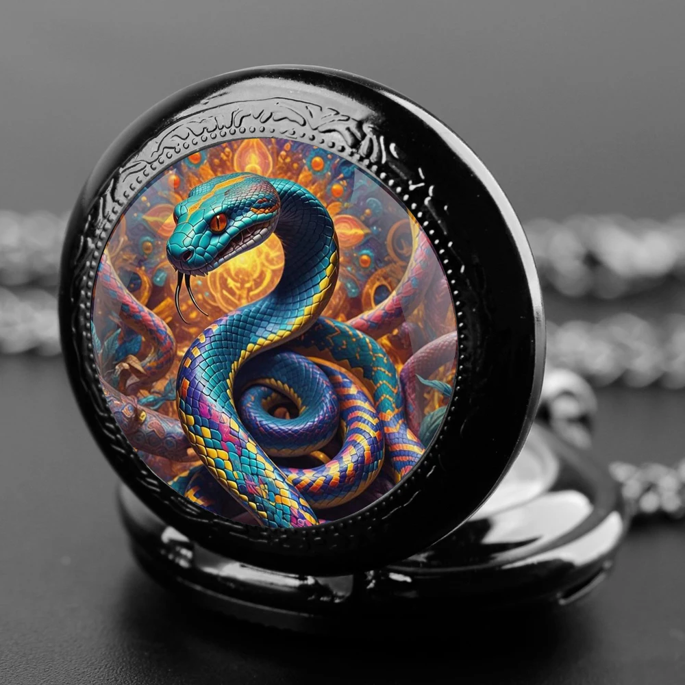 Snake Design Glass Dome Quartz Pocket Watch With Durable Chain Arabic Numeral Dial For Men And Women Creative Gifts