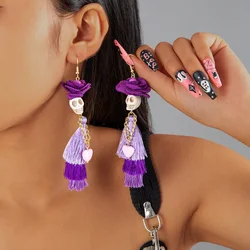 Pendientes colgantes de esqueleto de Halloween Punk gótico para mujer, borla larga creativa étnica, pendiente de flecos bohemios, joyería de Festival