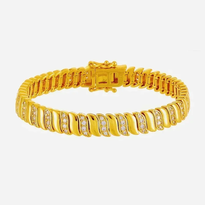 2026 Modisches Goldfarbenes Schmuckset mit zwei Steinen und 4 kleinen Zirkonia-Wellen, heiß begehrt, Armreif und Halskette, Geschenk für Damen, Party, Hochzeit