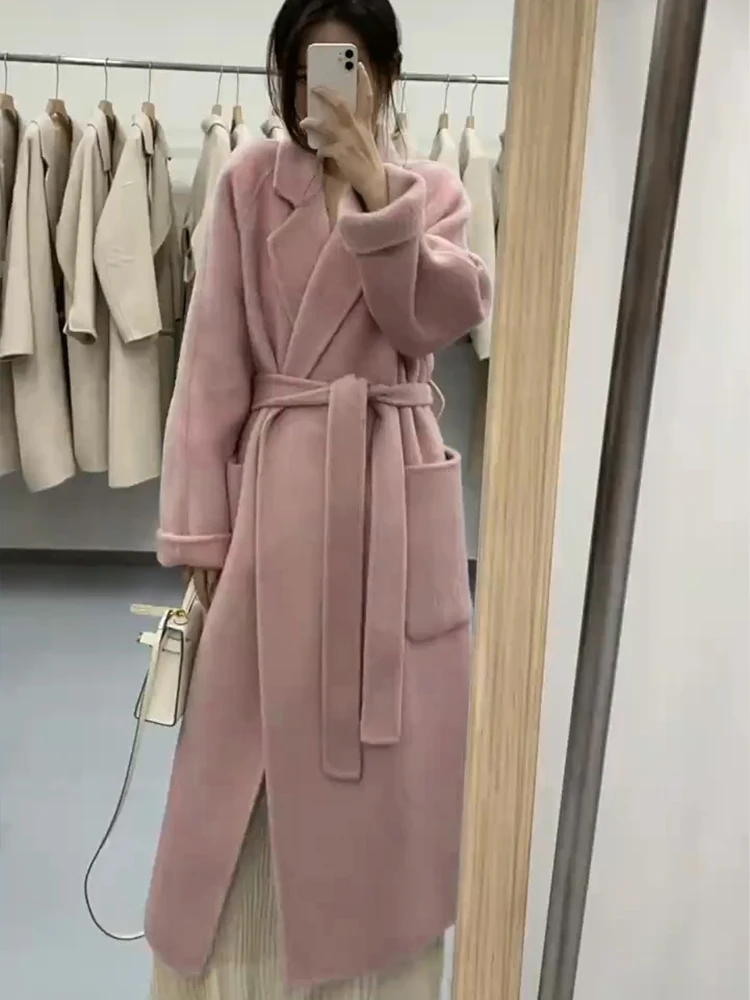 

Pink Double-Sided Camere Coat Women's High-End Handmade Loose Knee-Length Overcoat Korean Sle Long Sve Suit Collar