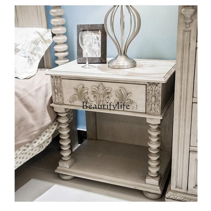 

American solid wood old bedside table French retro locker corner carving