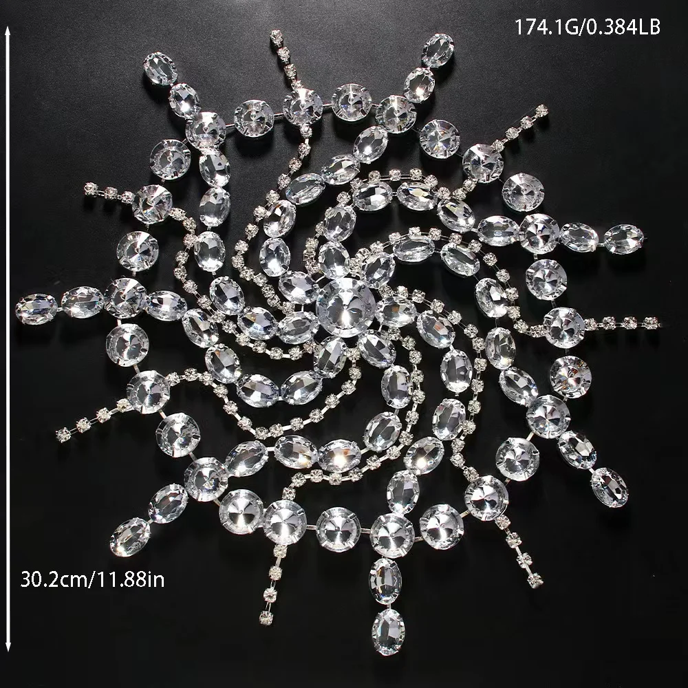 Exaggerated Rhinestone Round Stone Tassel Hair Cap Hair Jewelry for Woman Crystal Geometric Head Chain Hat Headwear Accessories