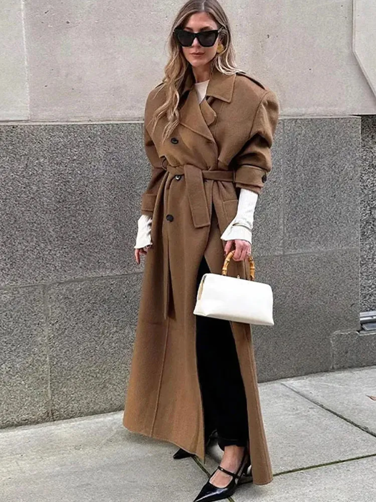 Vintage Turn-down Collar Long Coats With Belts Women Casual Double-Breasted Shoulder Pads Maxi Coat Autumn Elegant Chic Outwear