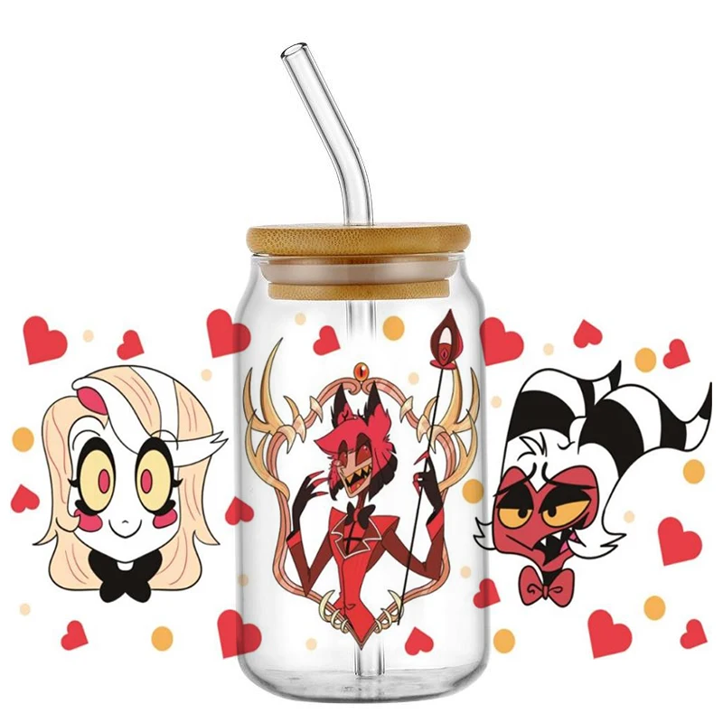 جديد فندق Hazbin نمط Uv Dtf كأس التفاف نقل ملصقات ثلاثية الأبعاد تسميات شعار ل 16 أوقية بهلوان الزجاج يمكن ذاتية اللصق مقاوم للماء