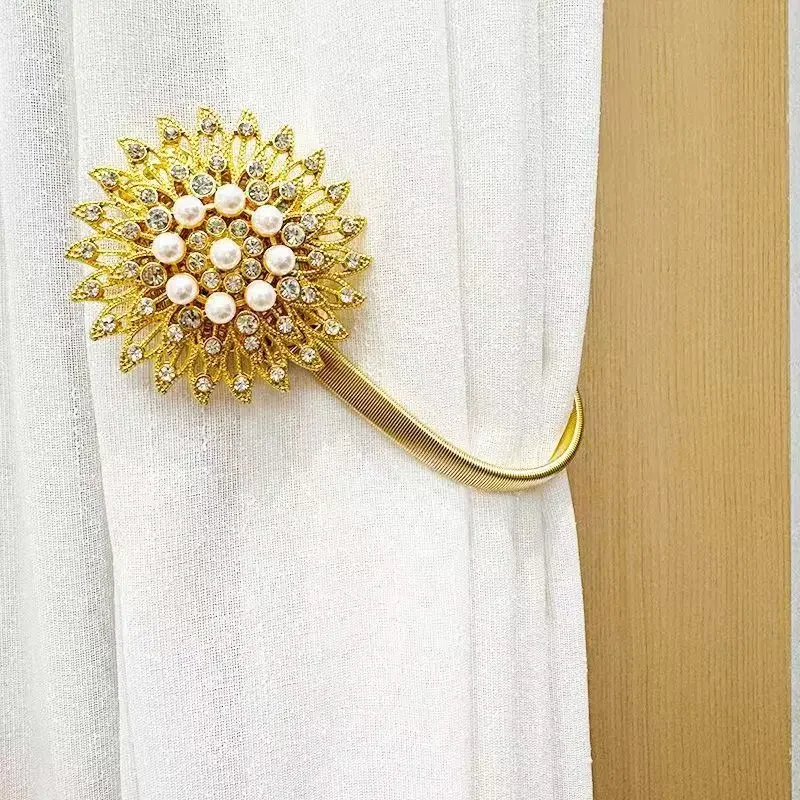 yesElastic Curtain Tiebacks Sun-flower Shape Rhinestone Pearl Curtain Holdback Decorative Curtain Buckle For Living Room Bedroom