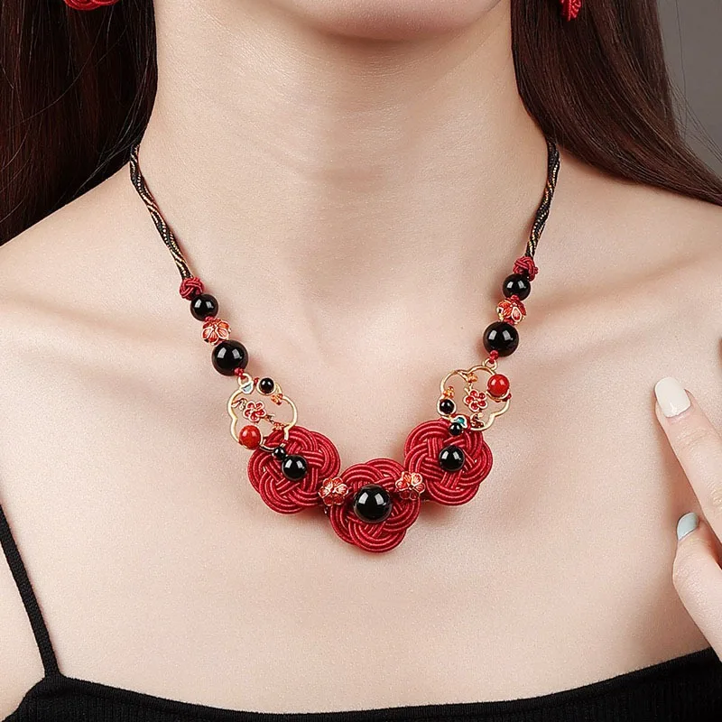 

Винтажное традиционное китайское перегородчатое колье ручной работы с красной ключицей, ожерелье в этническом этническом стиле, уникальный аксессуар для женщин