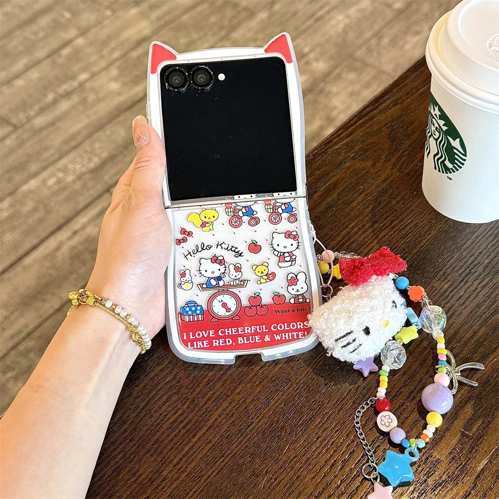 

Korea INS Kawaii Cat Ear Hellokitty new cute phone case with plush pendant for Samsung Galaxy Z Flip 7 Flip 6 flip5 4 3 5G Cover