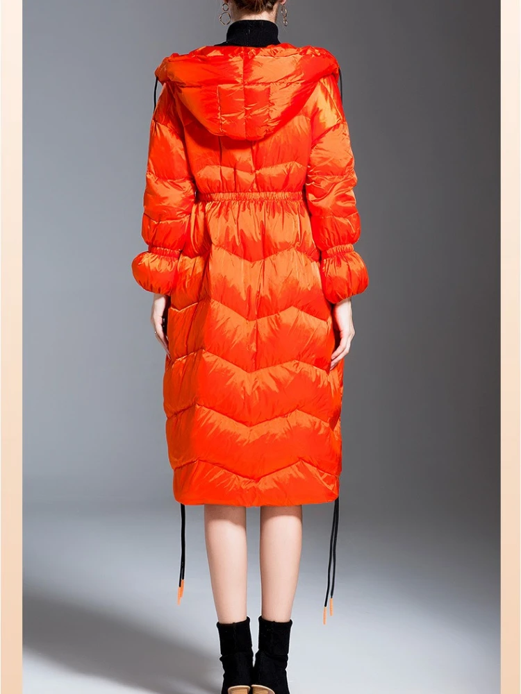 Hochwertige Luxus-Design-lange Daunenjacke mit Gürtel für Damen, Winter, warm, mit Kapuze, Trenchcoat, winddicht, Schneejacke, schmaler Daunenmantel