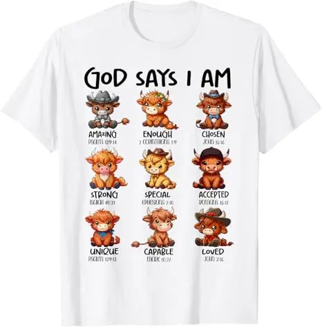 Schottisches Kuh-T-Shirt: Gott sagt, ich bin eine Highland-Kuh – Christliches religiöses Kleinkuh-T-Shirt, Y2K Glaube Jesus Bibelvers Tee Bekleidung – Detail 12