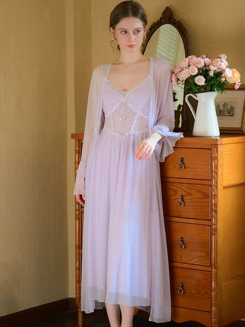 

Summer Mesh Vintage Princess Lace Pajamas Sleepwear Women Fairy Ruffles Lolita Nightdress Victorian Nightgowns Home Fury Set