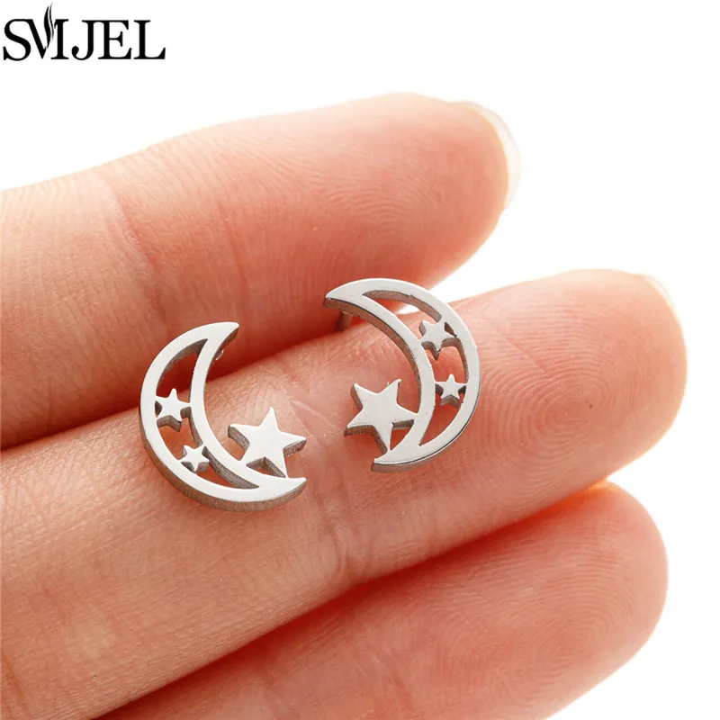Pendientes Pequeños de Acero Inoxidable con Forma de Luna y Estrella para Mujeres y Niñas, Pendientes Celestiales Minimalistas, Joyería para el Día de la Madre