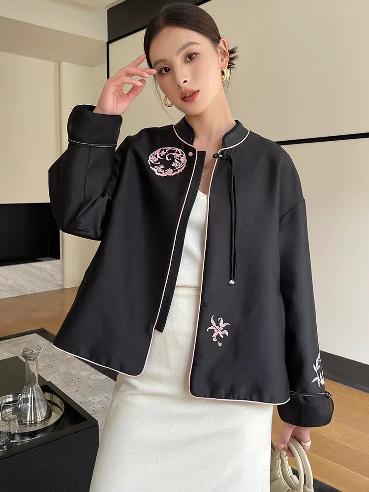 

Stand Collar Genuine Leather Jacket for Women Autumn 2024 New Vintage Patchwork Jacquard Embroidery Real Sheepskin Coat