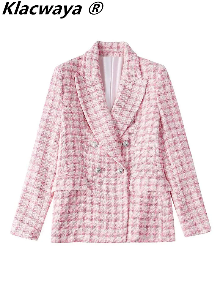 Klacwaya Blazer Women Jacket Pink Plaid Blazer Women Clothing Office Casual Tweed Blazers Double Breasted