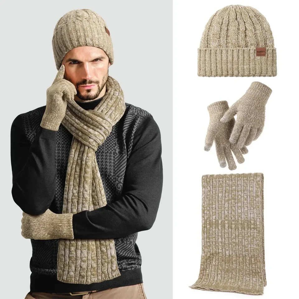 مجموعة قفازات وشاح قبعة شتوية 2025، 3 قطع دافئة من الصوف المحبوك، قبعة وقفازات من الصوف الناعم، هدية عيد الميلاد مقاومة للبرد