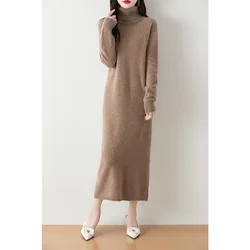 Cashmere Turtleneck Loose Women Dresses 100% Wool Knitted Jumpers 2024 Autumn/Winter New Fashion Long Dresses Female Pullovers