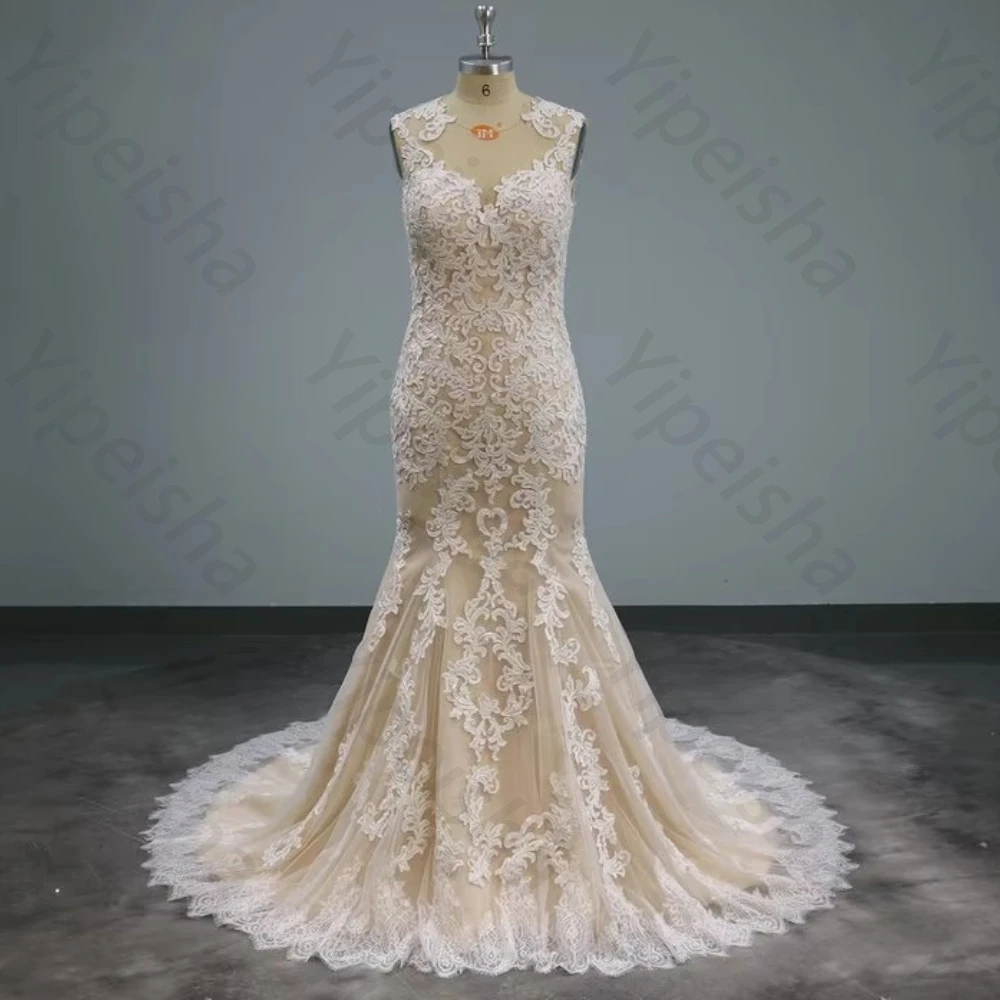 Customized Elegant Vintage Lace Sleeveless Wedding Dresses Sexy Backless Fishtail Dress Exquisite High Quality Prom Party Gowns